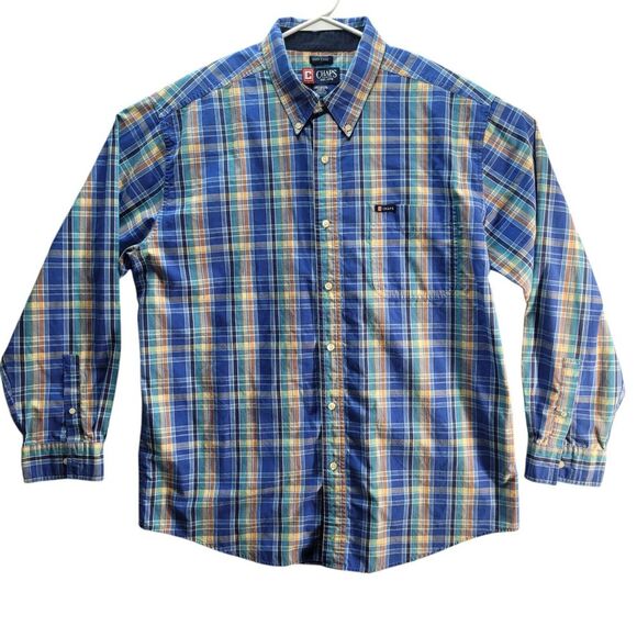 Chaps Shirt Mens XL Blue Green Plaid Button‎ Down Solid Long Sleeve Casual - Picture 1 of 8